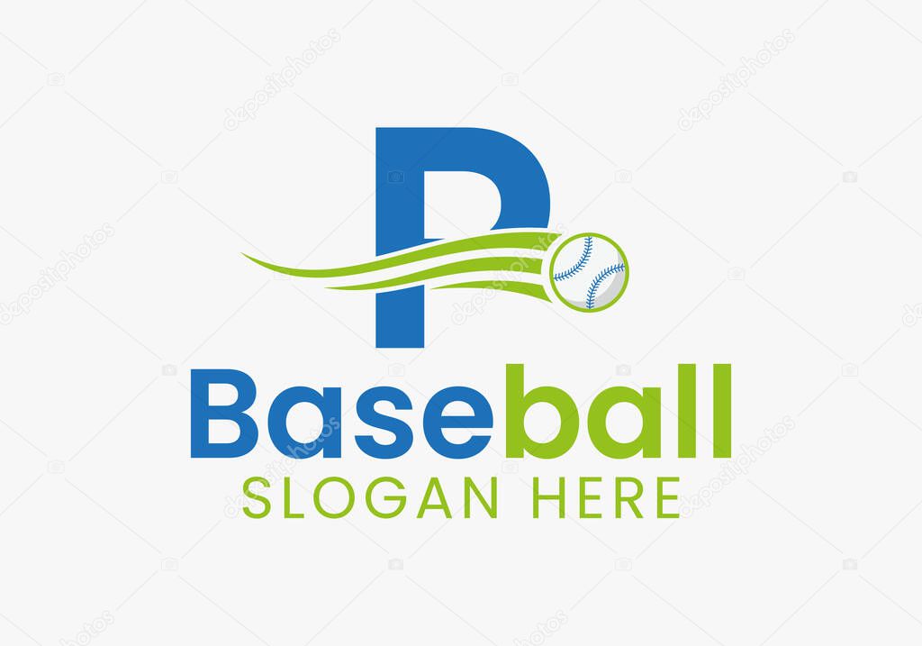 Letter P Baseball Logo Concept With Moving Baseball Icon Template