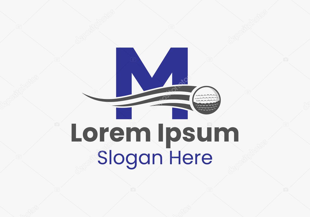 Letter M Golf Logo Concept With Moving Golf Ball Icon. Hockey Sports Logotype Template
