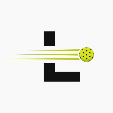 L harfi Pickleball Logo Sembolü. Turşu Topu Logotype Vektör Şablonu