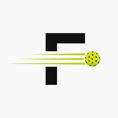 F harfi Pickleball Logo Sembolü. Turşu Topu Logotype Vektör Şablonu