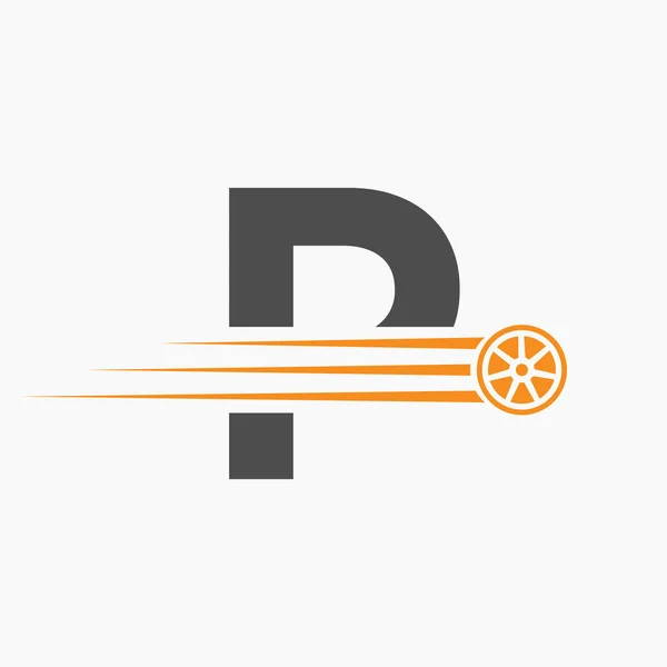 スポーツ車の手紙P輸送タイヤアイコンと自動車のロゴコンセプト — ストックベクタ