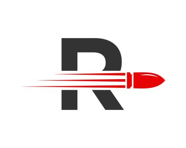 Güvenlik ve Koruma Sembolü için kavramsal silah içeren R harfi mermi amblemi.