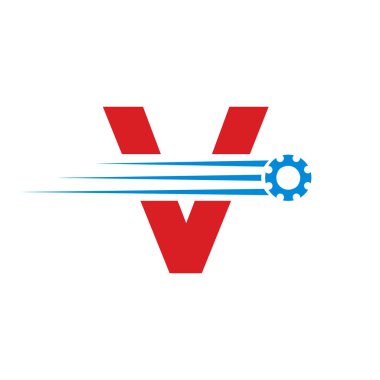 İlk harf V dişli dişli logosu. Otomotiv Sanayi Simgesi, Vites Amblemi, Araba Tamir Sembolü