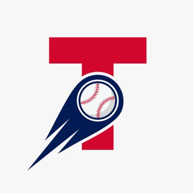 Letter T Baseball Logo Concept With Moving Baseball Icon Vector Template