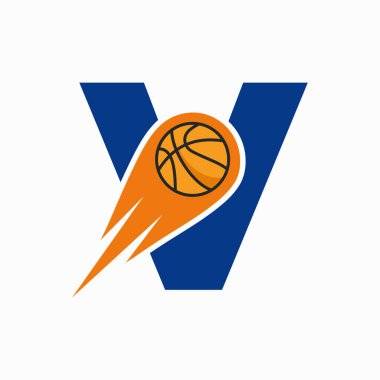 Hareket eden basketbol ikonlu V harfli basketbol logosu. Basket Topu Logosu Sembolü