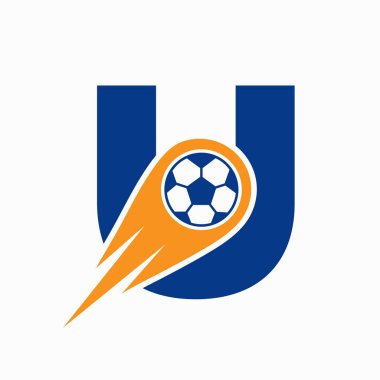 Hareket eden futbol ikonu ile U futbol logosu konsepti. Futbol Logosu Şablonu