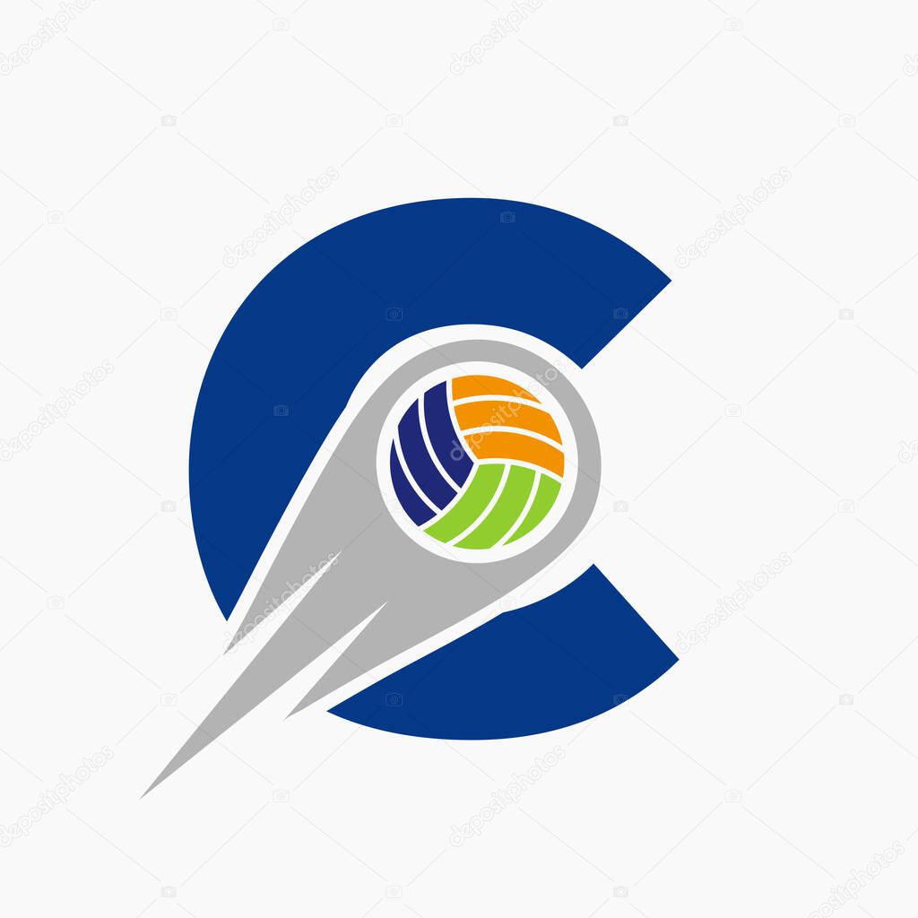Letter C Volleyball Logo Concept With Moving Volley Ball Icon. Volleyball Sports Logotype Template