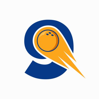 Mektup 9 Bowling Logosu. Kırmızı Hareket Eden Top Simgesi ile Bowling Topu Sembolü