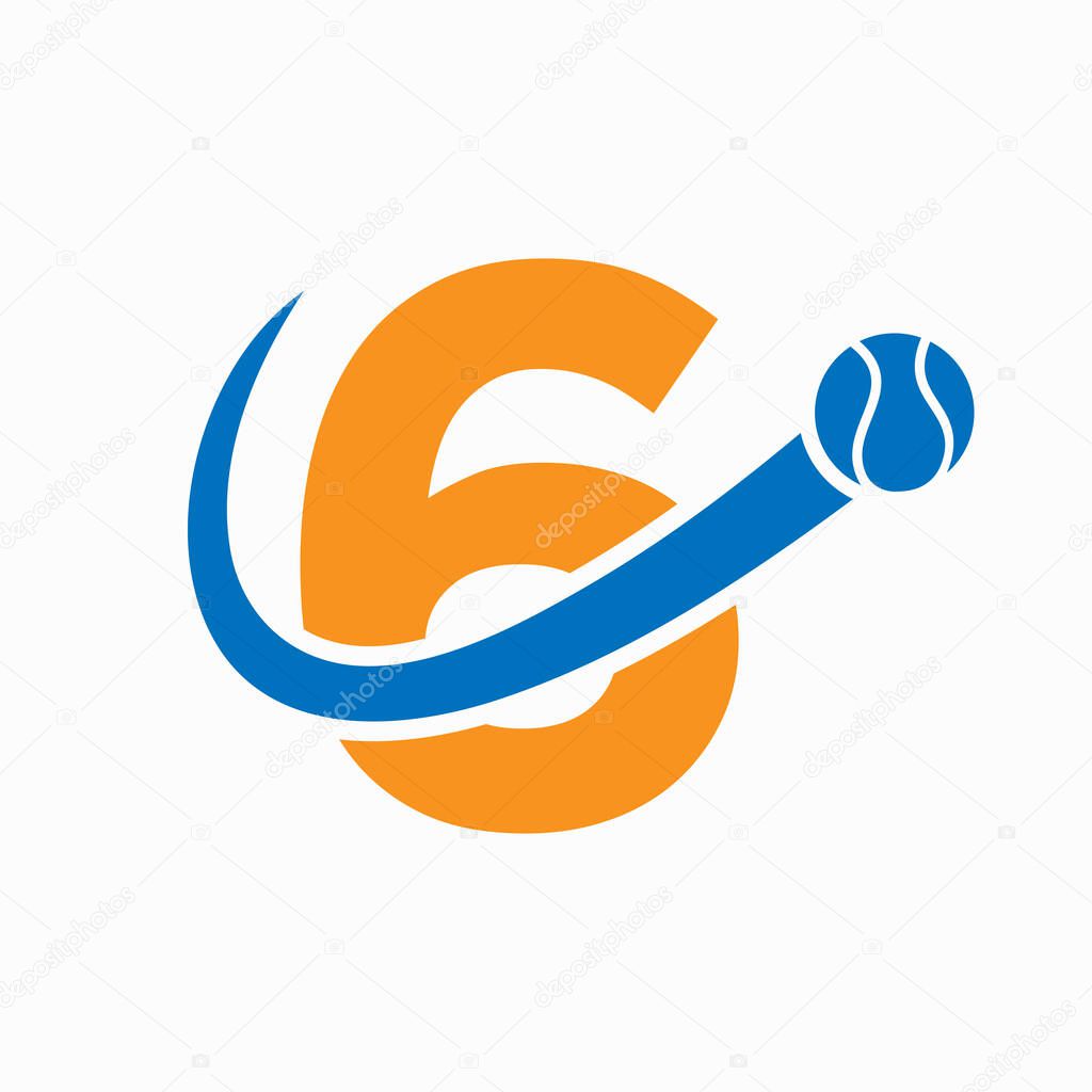 Tennis Logo Design On Letter 6 Template. Tennis Sport Academy, Club Logo