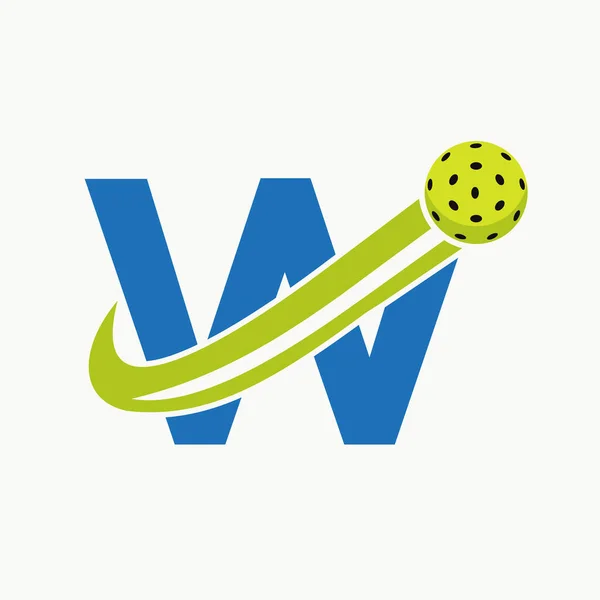 Hareket eden turşu topu sembollü W harfi Pickleball logosu kavramı. Turşu Topu Logosu