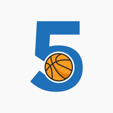 5. Mektup Konseptinde basketbol logosu. Basket Kulübü Sembol Vektör Şablonu