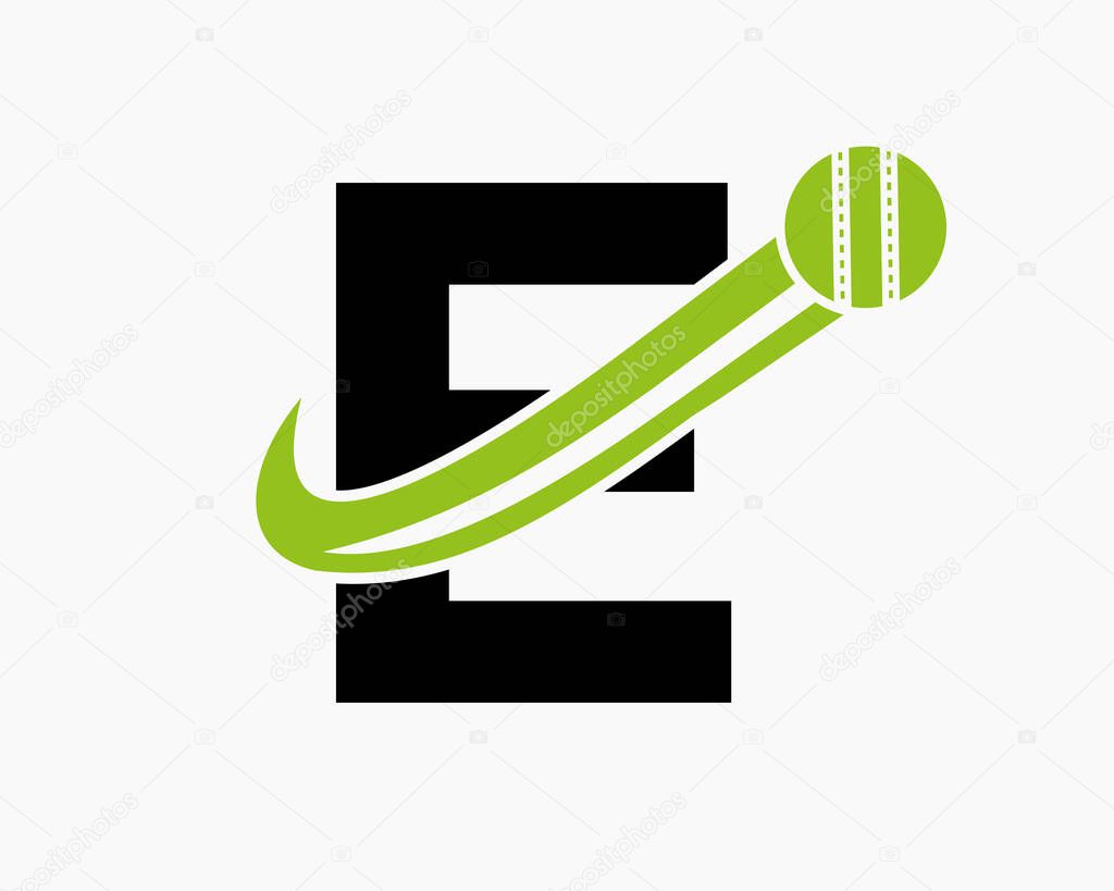 Initial Letter E Cricket Logo Concept With Moving Ball Icon For Cricket Club Symbol. Cricketer Sign