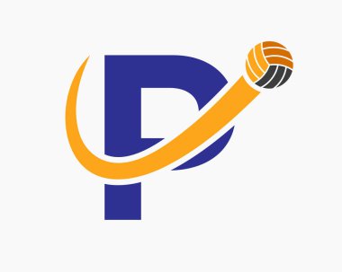 P harfi voleybol logosu ve hareket eden voleybol topu ikonu. Voleybol Spor Logosu Şablonu
