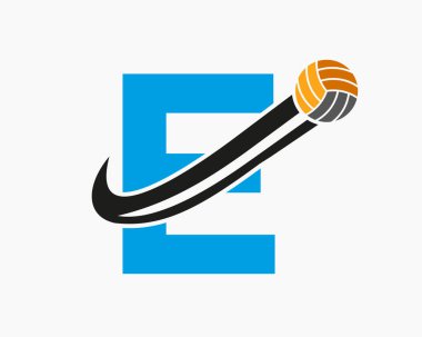 E harfi voleybol logosu ve hareket eden voleybol topu ikonu. Voleybol Spor Logosu Şablonu