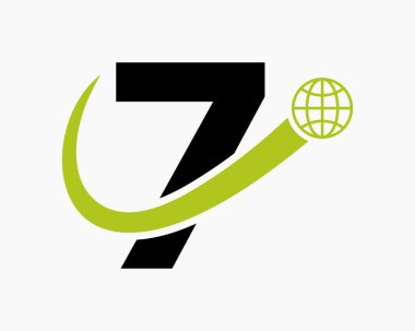 Mektup 7 Global Logo Tasarımı. Dünya Logosu Sembol Vektör Şablonu