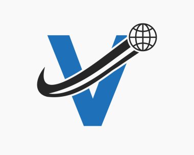 V harfi Global Logo Tasarımı. Dünya Logosu Sembol Vektör Şablonu