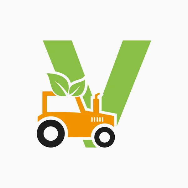字母V农业标识概念与拖拉机图标向量模板 生态农场标志 — 图库矢量图片