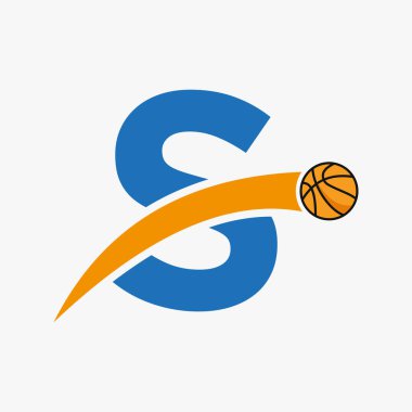 Basketbol logosu S harfi üzerinde, hareket eden basketbol ikonu. Basket Topu Logosu Sembolü