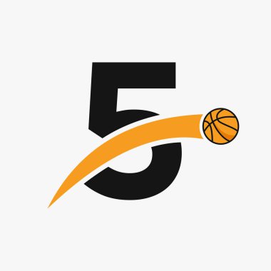 Basketbol logosu hareket eden basketbol ikonlu 5. mektup üzerinde. Basket Topu Logosu Sembolü