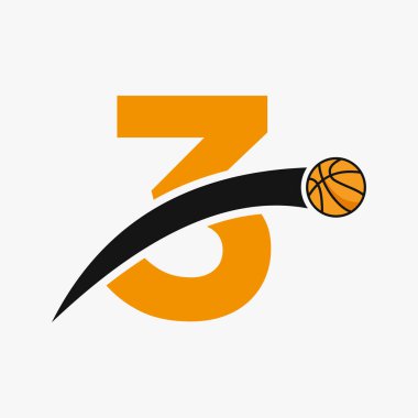 Basketbol logosu, hareket eden basketbol ikonlu 3. mektup üzerinde. Basket Topu Logosu Sembolü