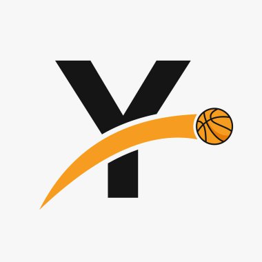 Basketbol logosu, hareket eden basketbol ikonlu Y harfi üzerinde. Basket Topu Logosu Sembolü