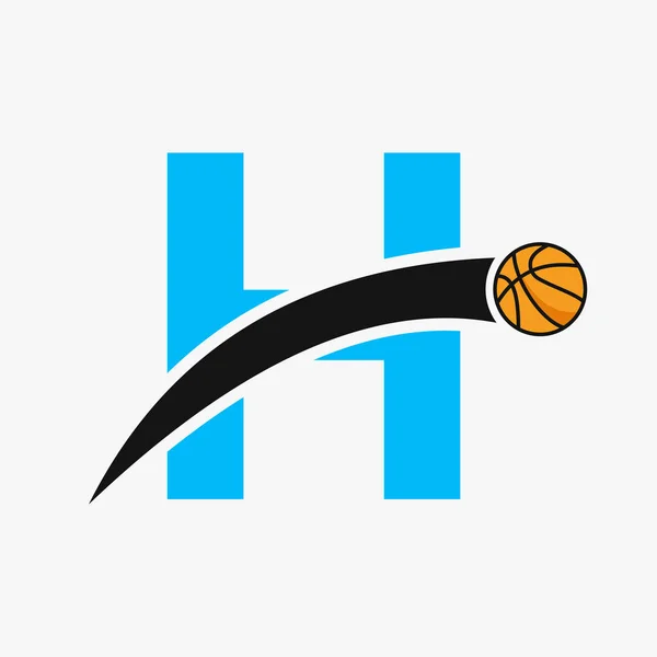 バスケットボールのアイコンを移動する文字H上のロゴ バスケットボールロゴタイプシンボル — ストックベクタ