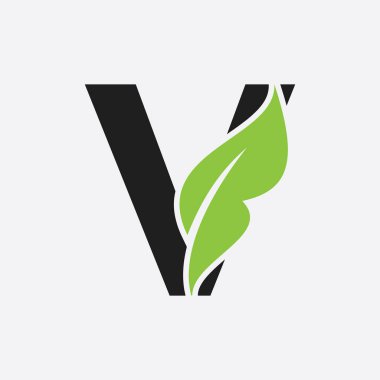 V harfli Yaprak Logosu. Eco Farm Logotype Vektör Şablonu. Organik Sembol