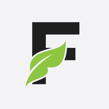 F harfi Yaprak Logosu. Eco Farm Logotype Vektör Şablonu. Organik Sembol