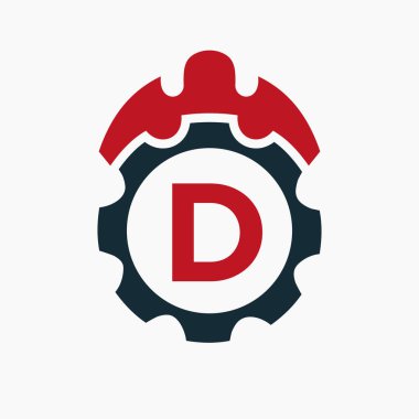 İnşaat Logosu D Konsepti ve Gear Simgesi. Mühendislik Mimarı Onarım Logosu
