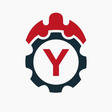 İnşaat Logosu Y Konsepti ve Gear Simgesi. Mühendislik Mimarı Onarım Logosu