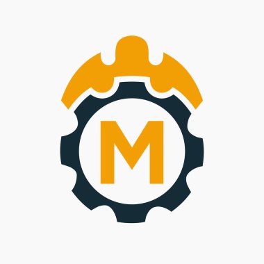 İnşaat Logosu M Konsepti ve Gear Simgesi. Mühendislik Mimarı Onarım Logosu