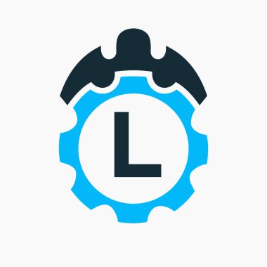 İnşaat Logosu L Konsepti ve Gear Simgesi. Mühendislik Mimarı Onarım Logosu