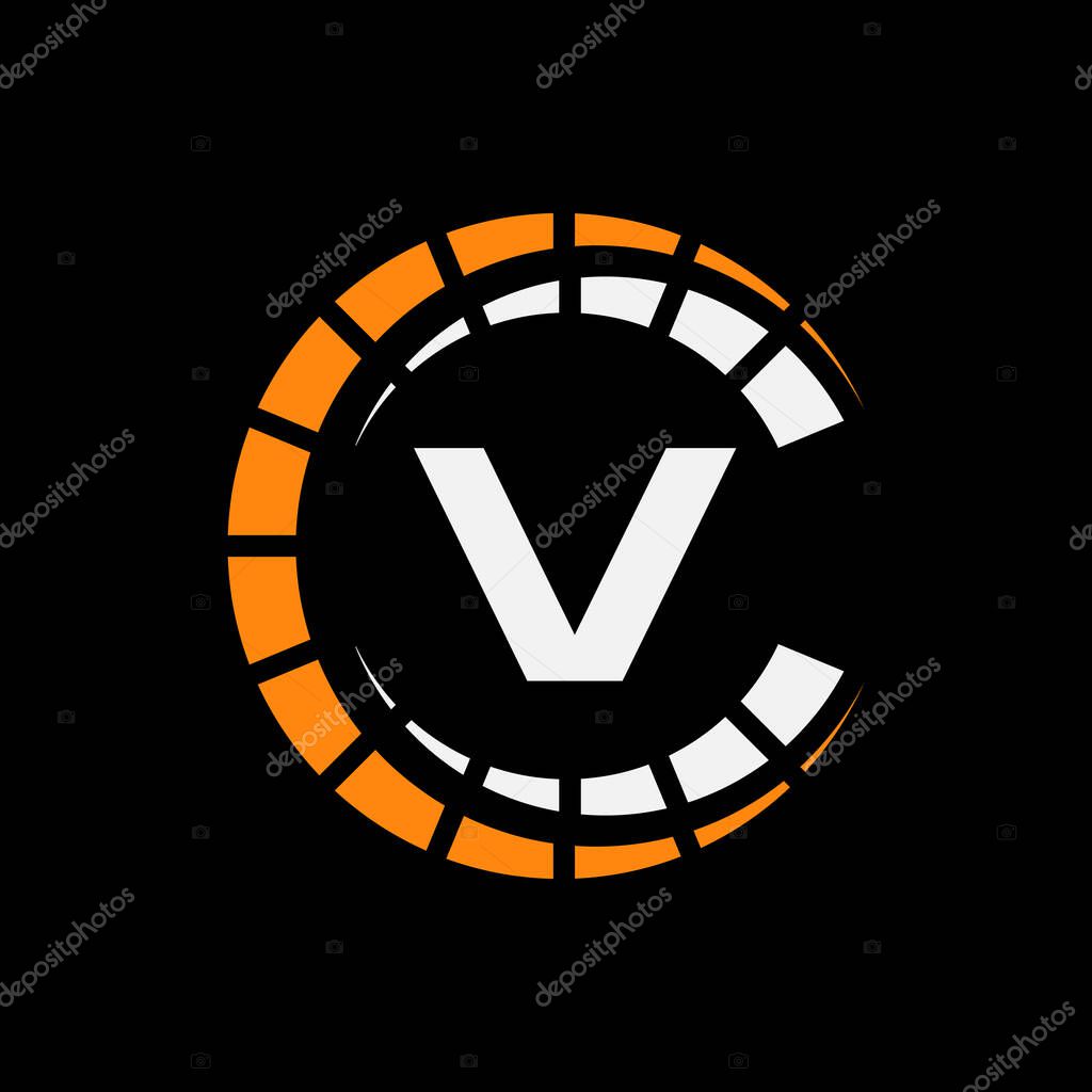 Car Automotive Logo On Letter V Speed Concept. Sport Car Symbol For Cars Service, Cars Repair With Speedometer Icon