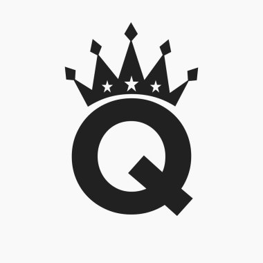 Q harfi üzerindeki Crown Logosu, lüks sembol. Crown Logotype Şablonu
