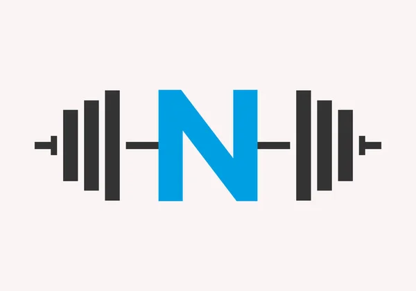 字母N适配标志设计 带杠铃图标模板的健身俱乐部标志 — 图库矢量图片