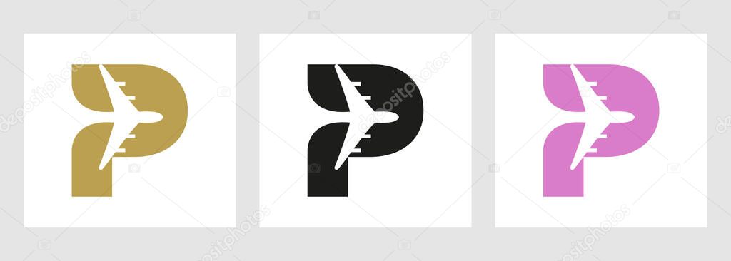 Tropical Travel Logo On Letter P Concept. Airplane Flight Symbol Template