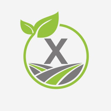 Yaprak ve Alan Sembollü X harfi üzerinde tarım logosu. Tarım Logotype Sembol Şablonu