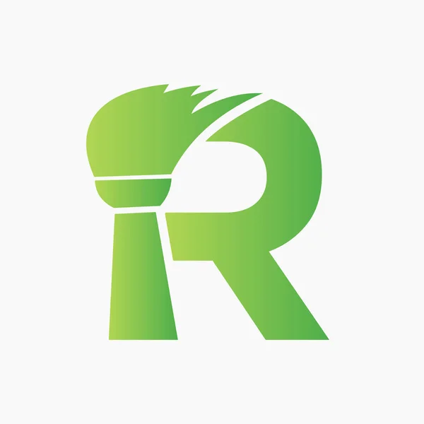 クリーン ブラシのアイコンが付いている手紙Rの家のクリーニングのロゴのコンセプト メイドサービスシンボル — ストックベクタ