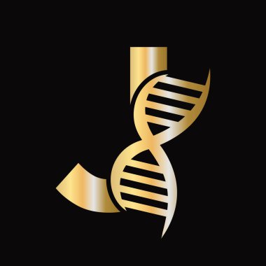 DNA hücre simgesi içeren J harfi DNA logosu tasarımı. Sağlık Hizmetleri Sembolü