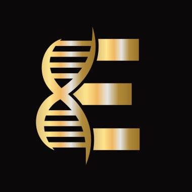 DNA hücre simgesi içeren E harfi DNA logosu tasarımı. Sağlık Hizmetleri Sembolü