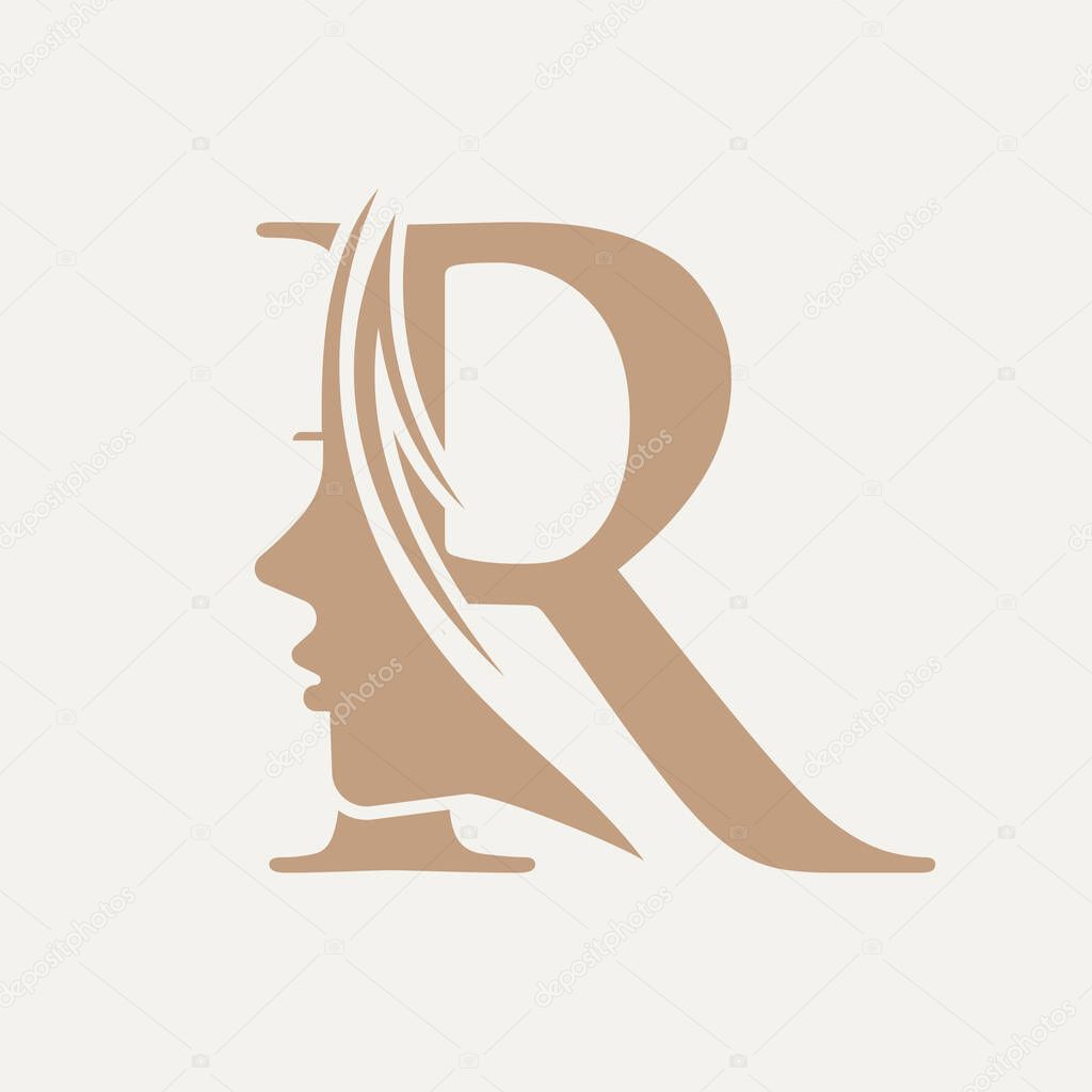 Woman Face Logo On Letter R. Beauty Spa Symbol With Woman Face Icon