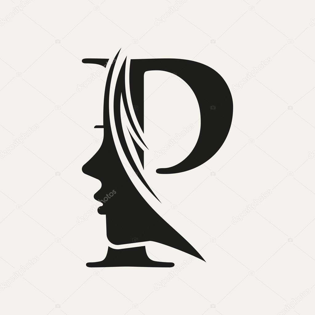 Woman Face Logo On Letter P. Beauty Spa Symbol With Woman Face Icon