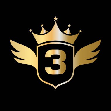 Kanat, Kalkan ve Crown Icon 'lu Mektup 3 ulaşım logosu. Kalkan Sembolünde Kanat Logosu