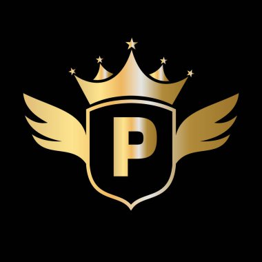 P harfi nakliye logosu. Kanat, Kalkan ve Crown Icon 'lu. Kalkan Sembolünde Kanat Logosu