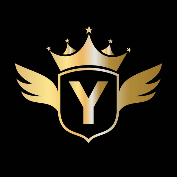 字母Y带有翅膀 盾牌和冠冕的交通标志 盾徽上的翼标志 — 图库矢量图片