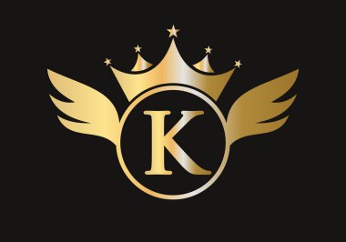K Kanadı Logosu Crown Simge Vektör Şablonu ile. Kanat Sembolü