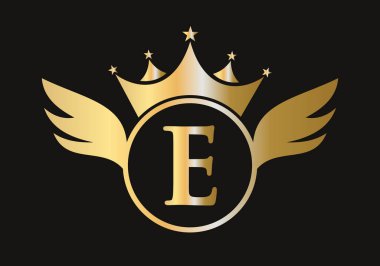 Crown Simge Vektör Şablonu ile E Kanadı Logosu. Kanat Sembolü