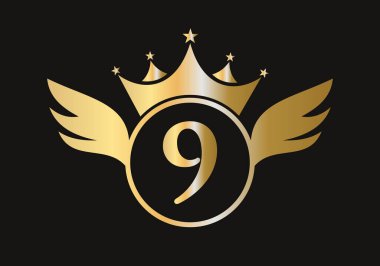 Crown Icon Vektör Şablonu ile 9. Kanat Logosu. Kanat Sembolü