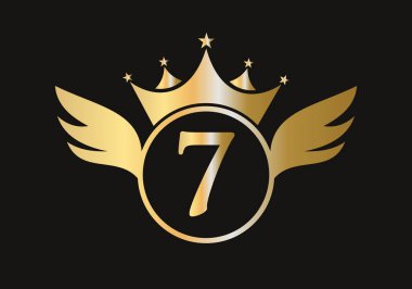 Crown Icon Vektör Şablonu ile 7. Kanat Logosu. Kanat Sembolü