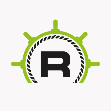Harf R Cruise Direksiyon Logosu. Yat Sembolü, Gemi Logotype, Denizci İşareti Şablonu